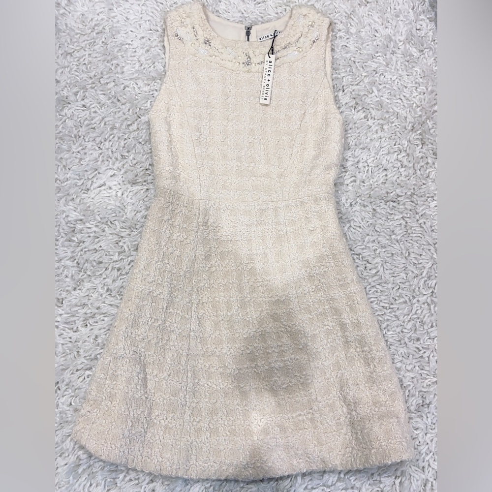 NWT Alice + Olivia Haven Embellished Ivory Tweed Dress - Picture 4 of 12